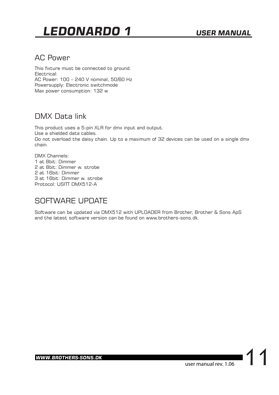 Ledonardo 1, Ac power dmx data link, Software update | Brother, Brother & Sons Ledonardo1 Ver. 2 User Manual | Page 12 / 16