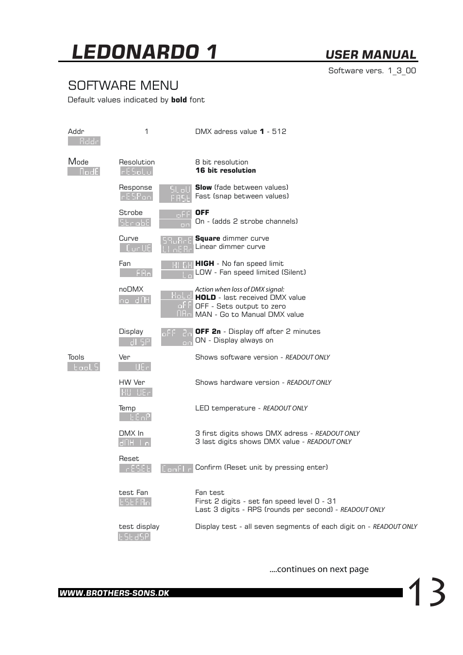 Ledonardo 1, Software menu, User manual | Continues on next page | Brother, Brother & Sons Ledonardo1 Ver. 2 User Manual | Page 14 / 16