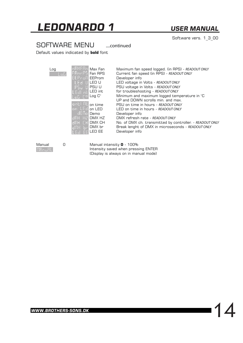Ledonardo 1, Software menu, User manual | Continued | Brother, Brother & Sons Ledonardo1 Ver. 2 User Manual | Page 15 / 16
