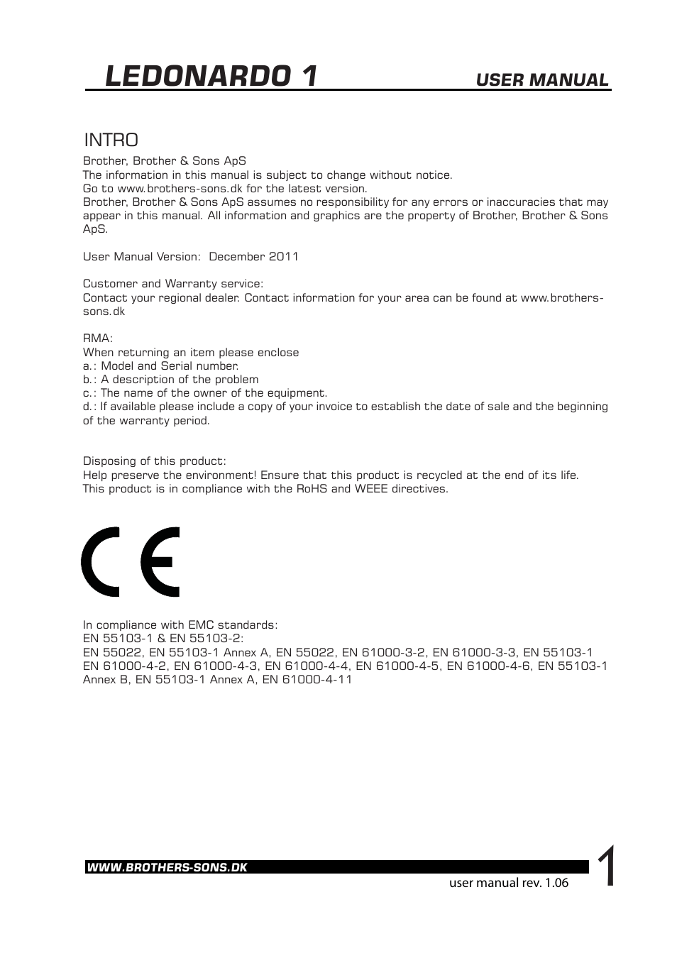 Ledonardo 1, Intro, User manual | Brother, Brother & Sons Ledonardo1 Ver. 2 User Manual | Page 2 / 16