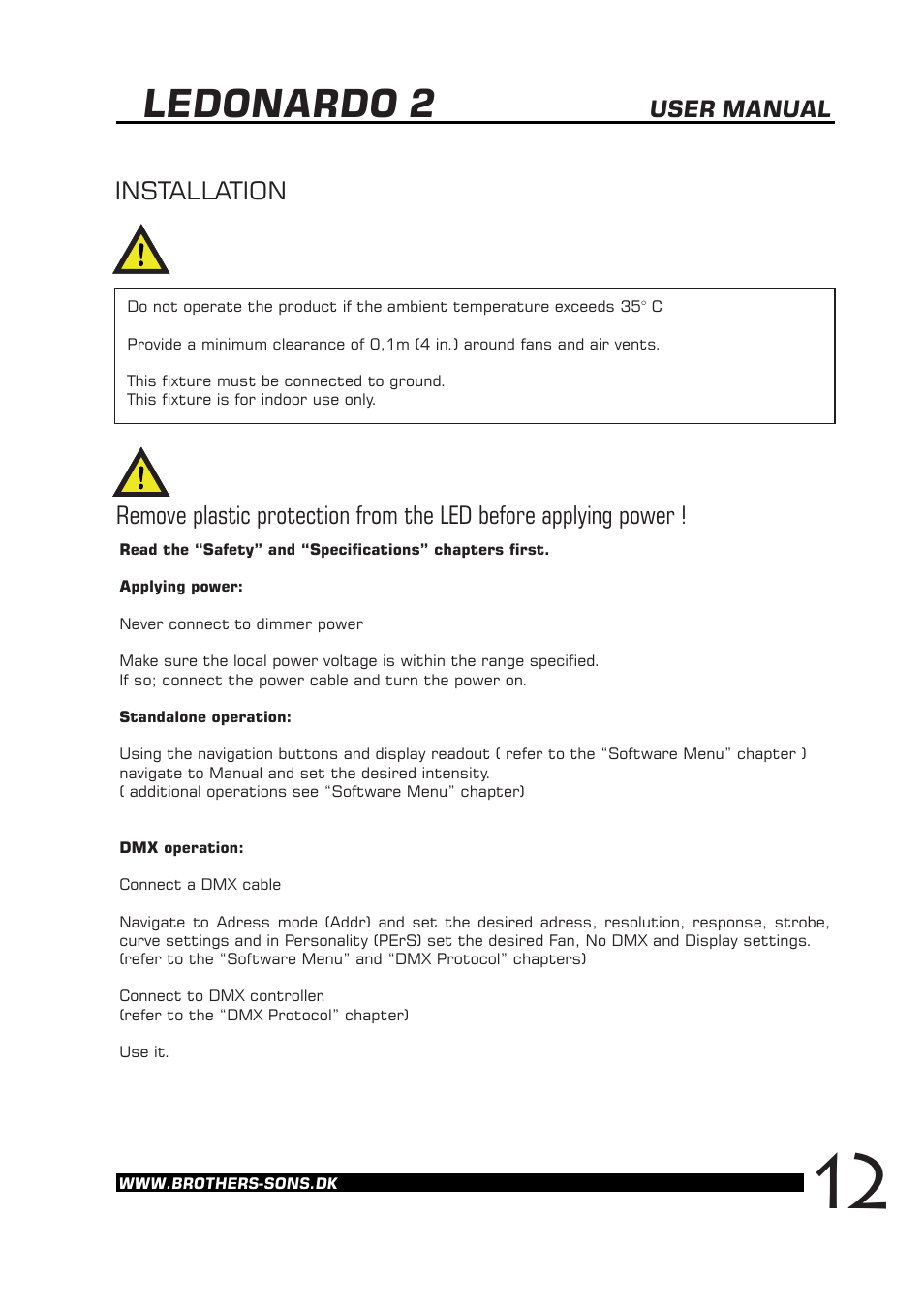 Ledonardo 2, Installation, User manual | Brother, Brother & Sons Ledonardo2 Ver. 2 User Manual | Page 13 / 18