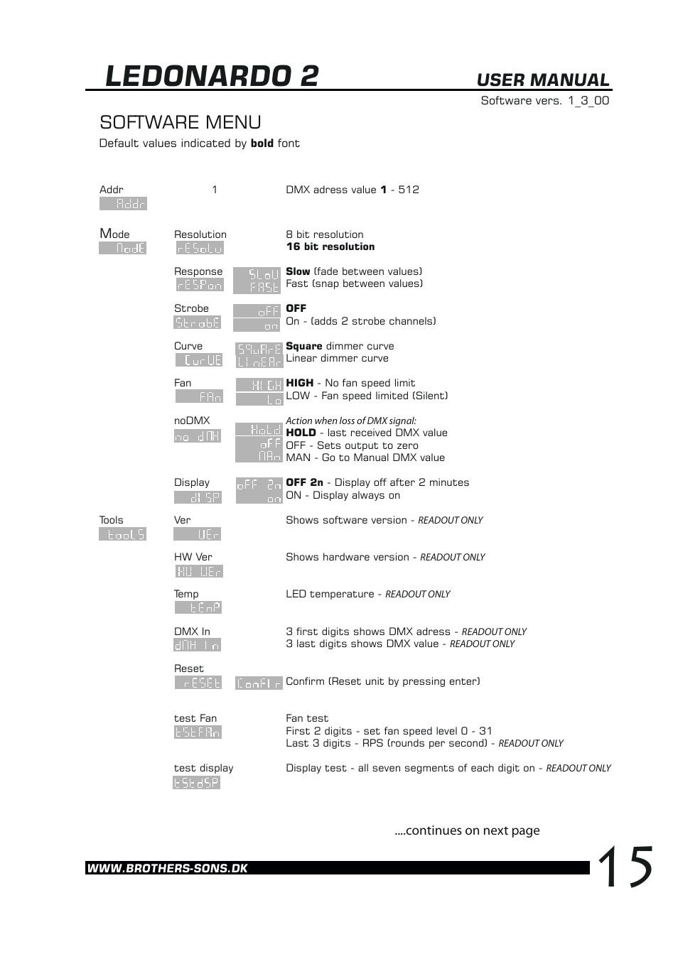 Ledonardo 2, Software menu, User manual | Continues on next page | Brother, Brother & Sons Ledonardo2 Ver. 2 User Manual | Page 16 / 18