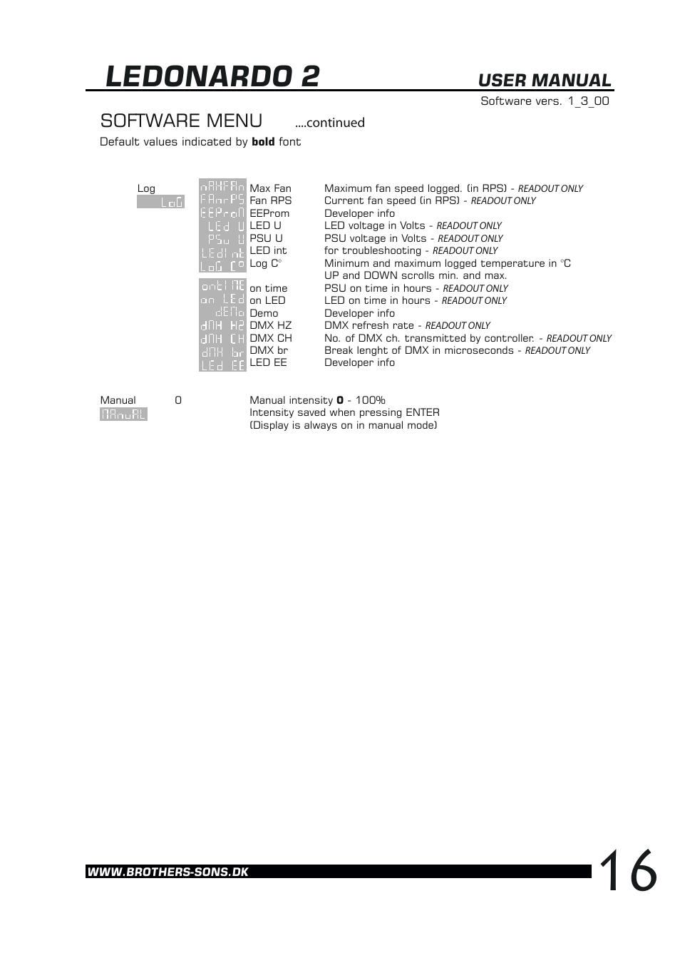 Ledonardo 2, Software menu, User manual | Continued | Brother, Brother & Sons Ledonardo2 Ver. 2 User Manual | Page 17 / 18