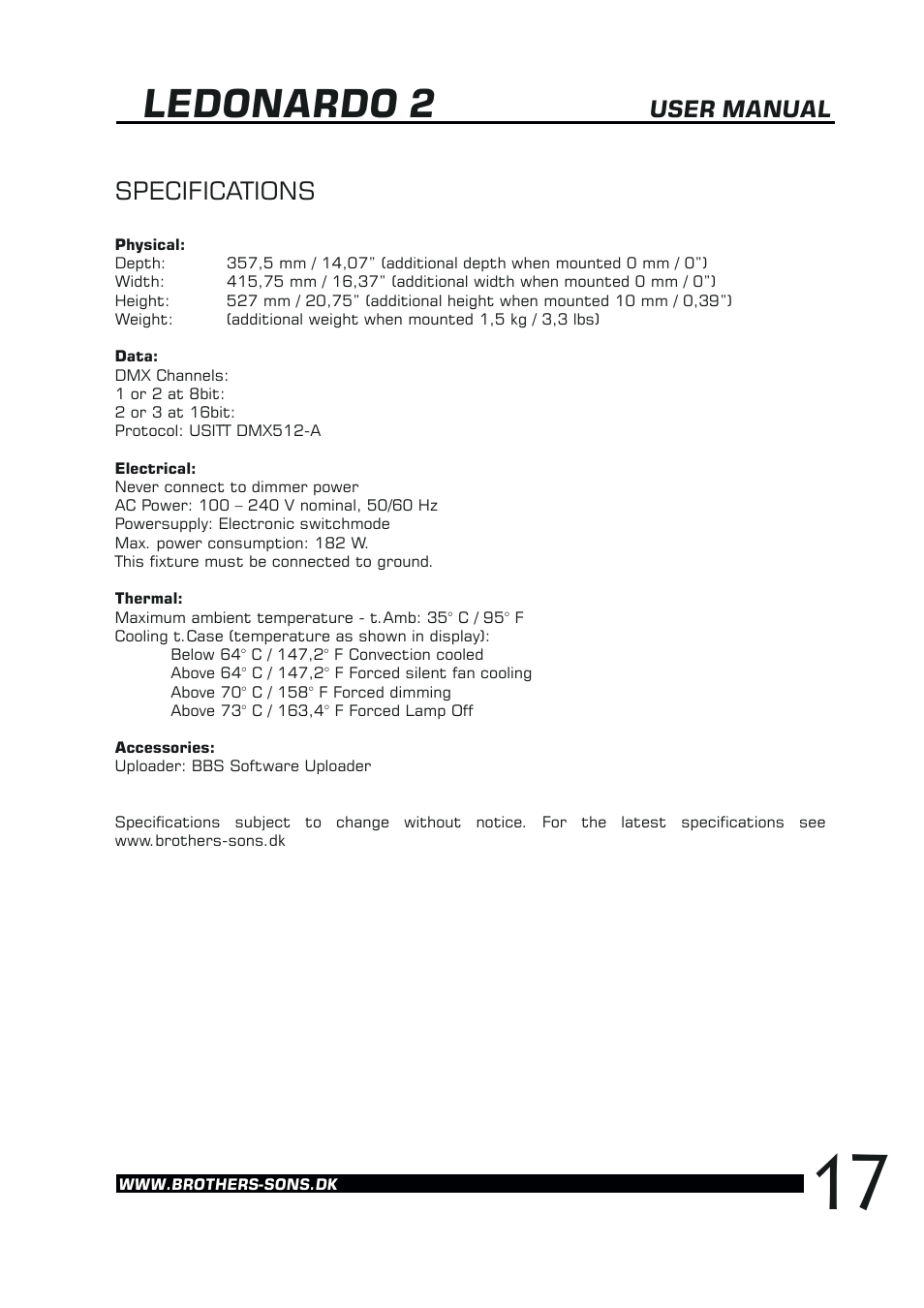 Ledonardo 2, Specifications, User manual | Brother, Brother & Sons Ledonardo2 Ver. 2 User Manual | Page 18 / 18