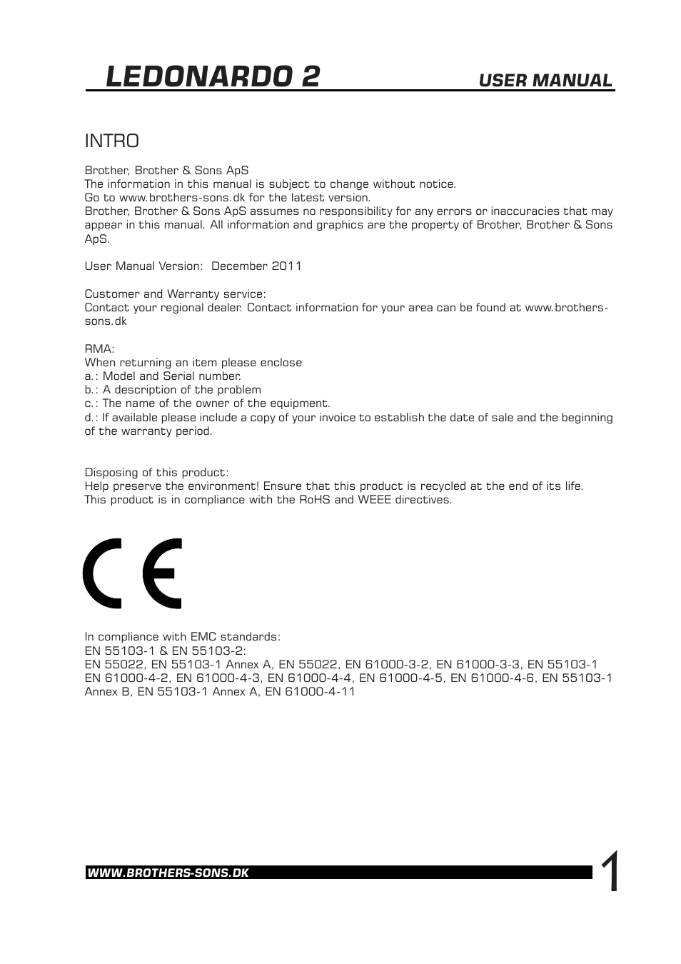 Ledonardo 2, Intro, User manual | Brother, Brother & Sons Ledonardo2 Ver. 2 User Manual | Page 2 / 18