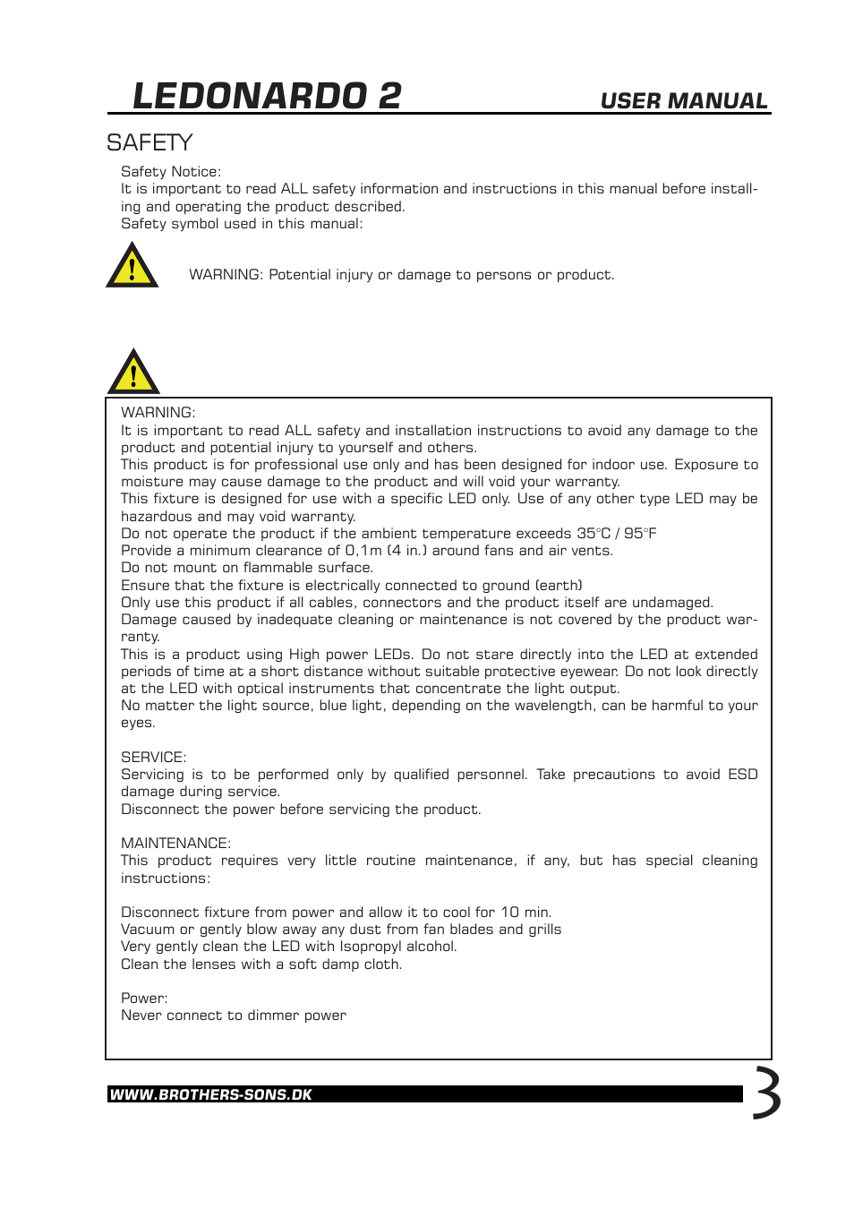 Ledonardo 2, Safety, User manual | Brother, Brother & Sons Ledonardo2 Ver. 2 User Manual | Page 4 / 18