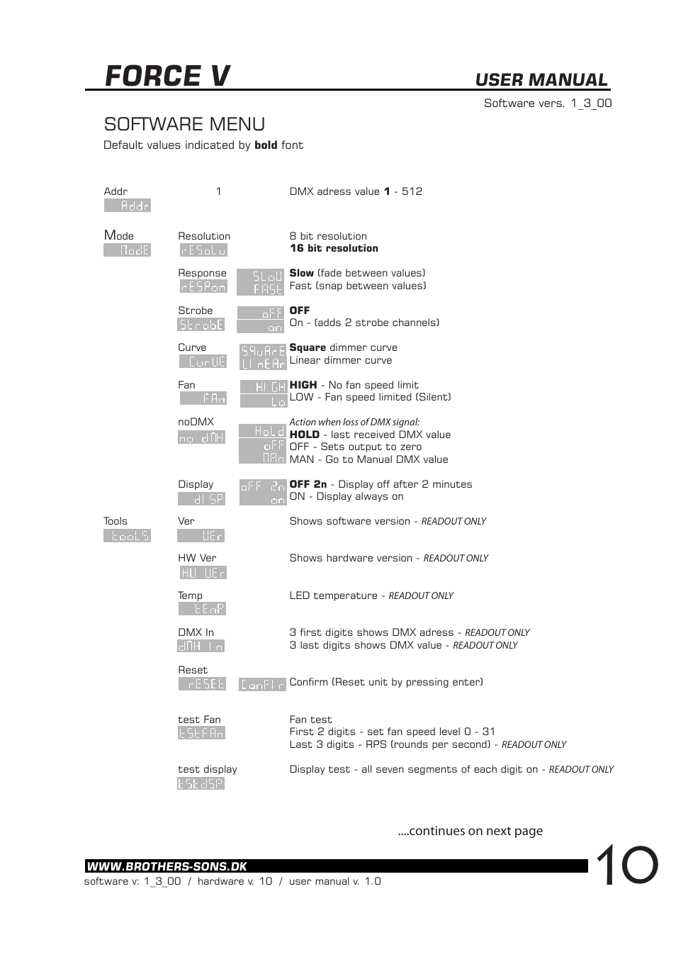 Force v, Software menu, User manual | Continues on next page | BBS Lighting Force V+ LED User Manual | Page 11 / 14