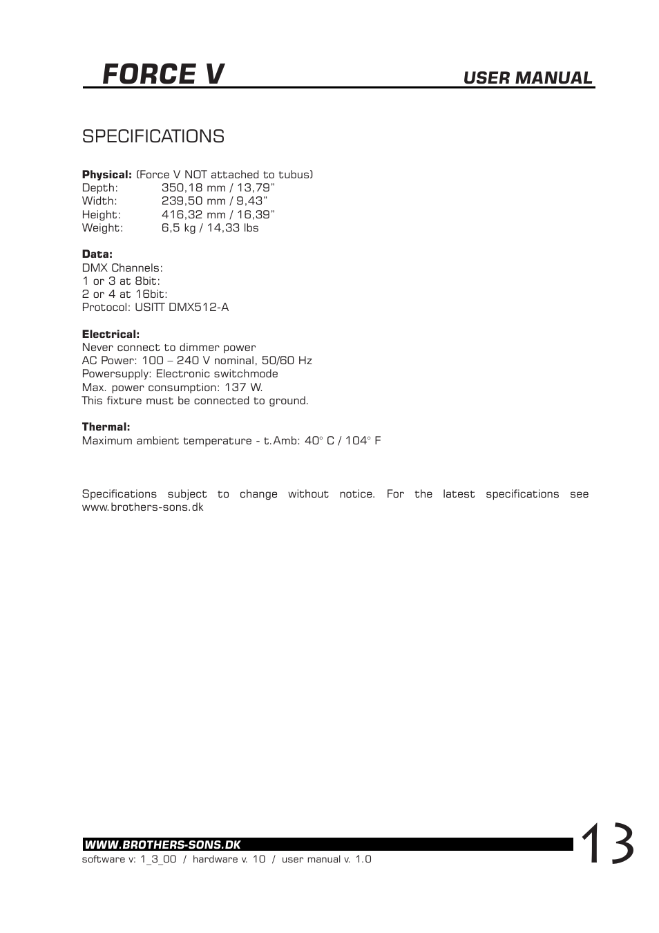 Force v, Specifications, User manual | BBS Lighting Force V+ LED User Manual | Page 14 / 14