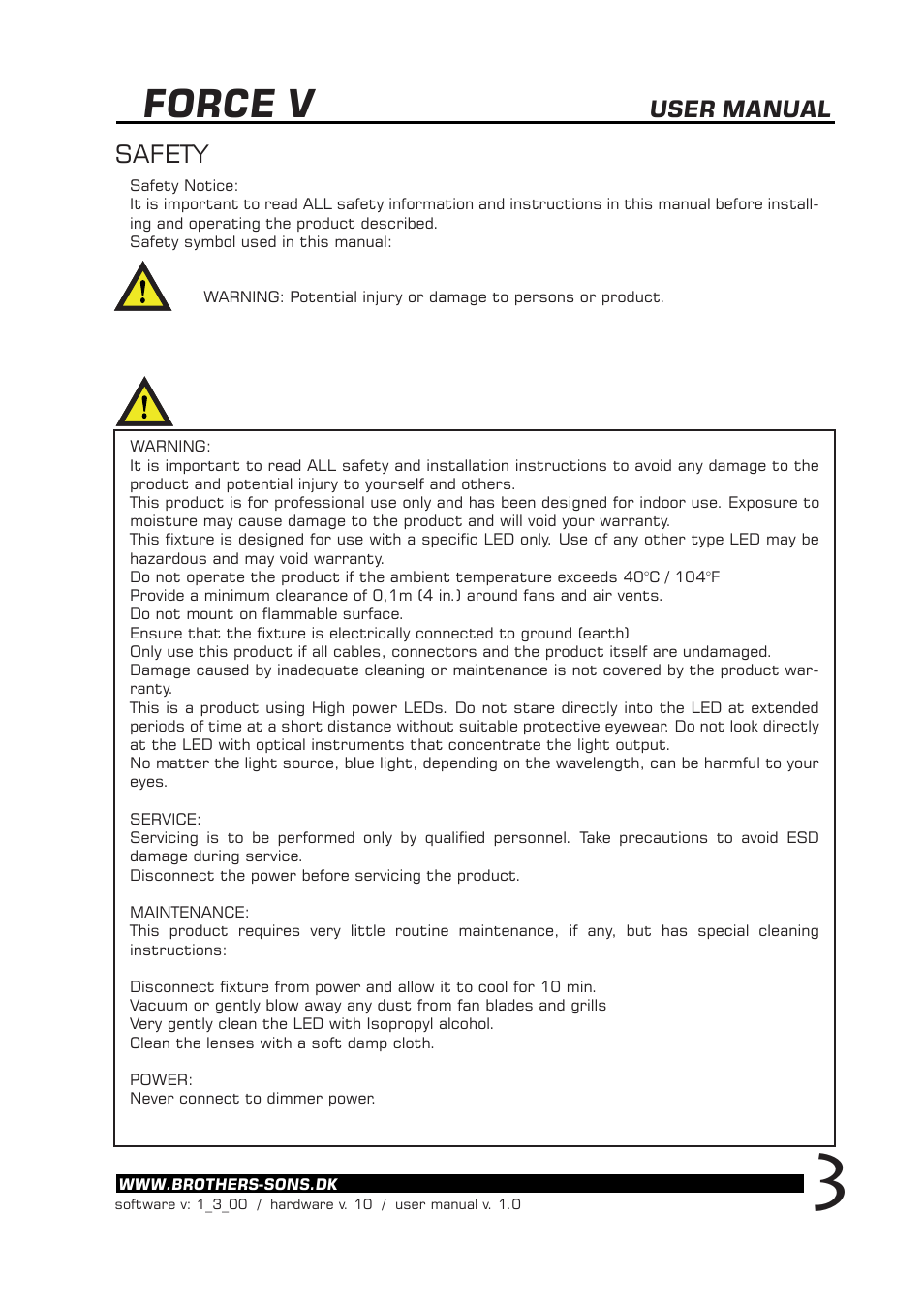 Force v, Safety, User manual | BBS Lighting Force V+ LED User Manual | Page 4 / 14