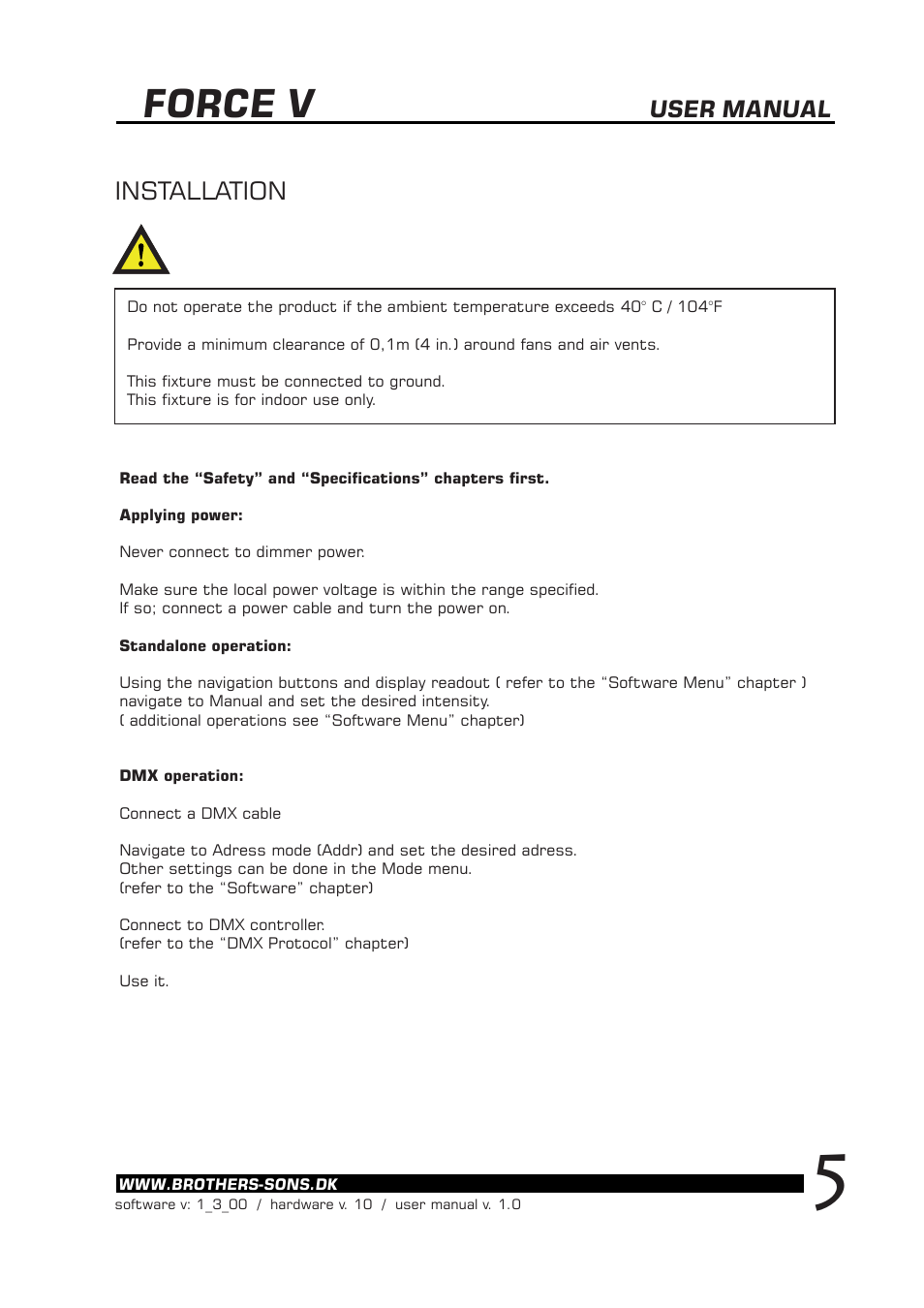 Force v, Installation, User manual | BBS Lighting Force V+ LED User Manual | Page 6 / 14