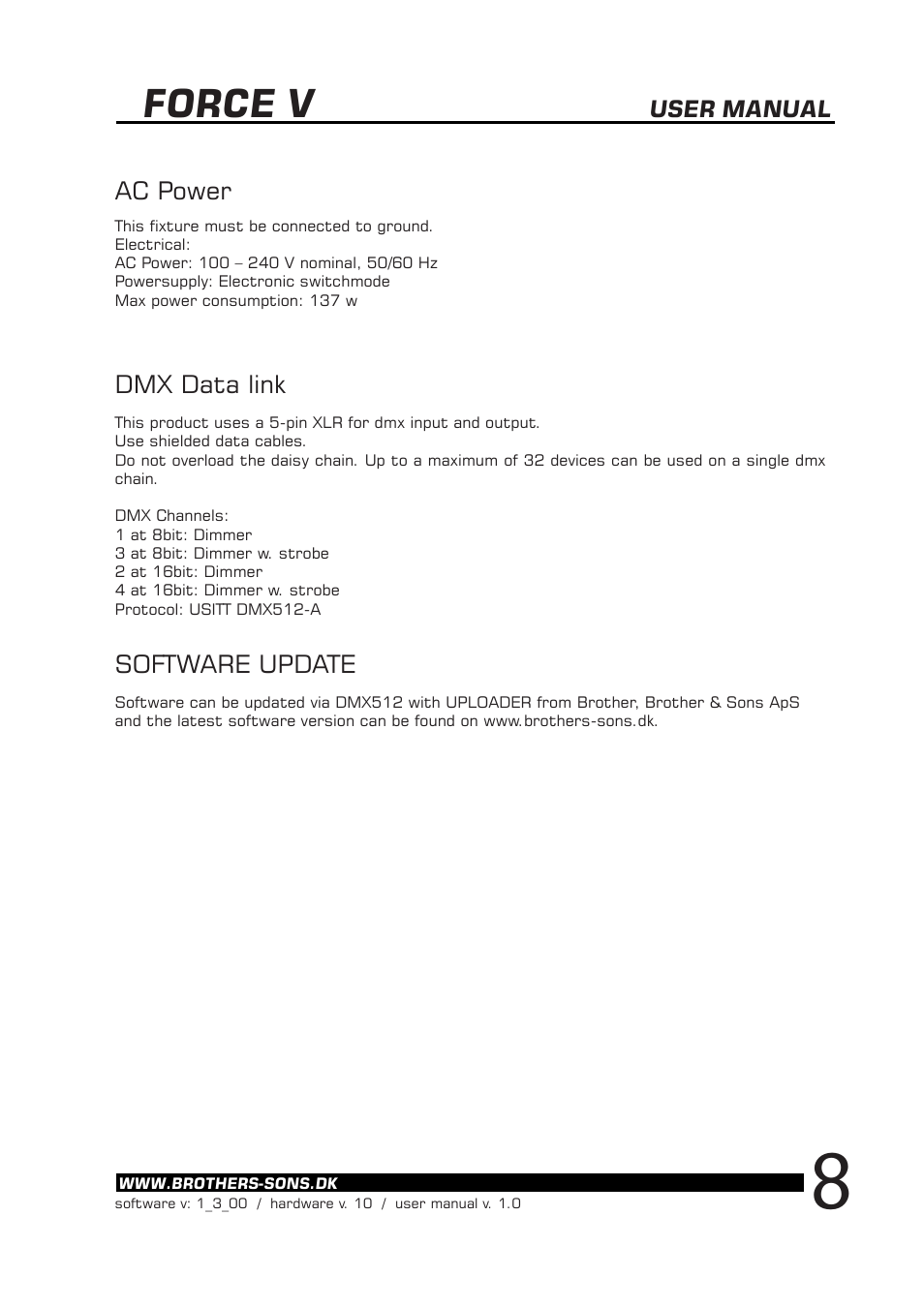 Force v, Ac power dmx data link, Software update | BBS Lighting Force V+ LED User Manual | Page 9 / 14