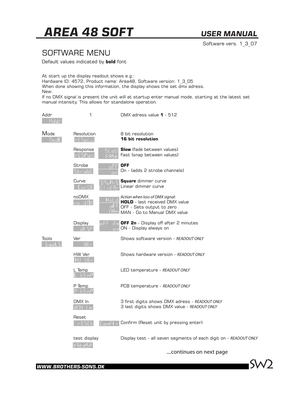 Area 48 soft, Software menu, User manual | Continues on next page | BBS Lighting Area 48 LED User Manual | Page 2 / 3