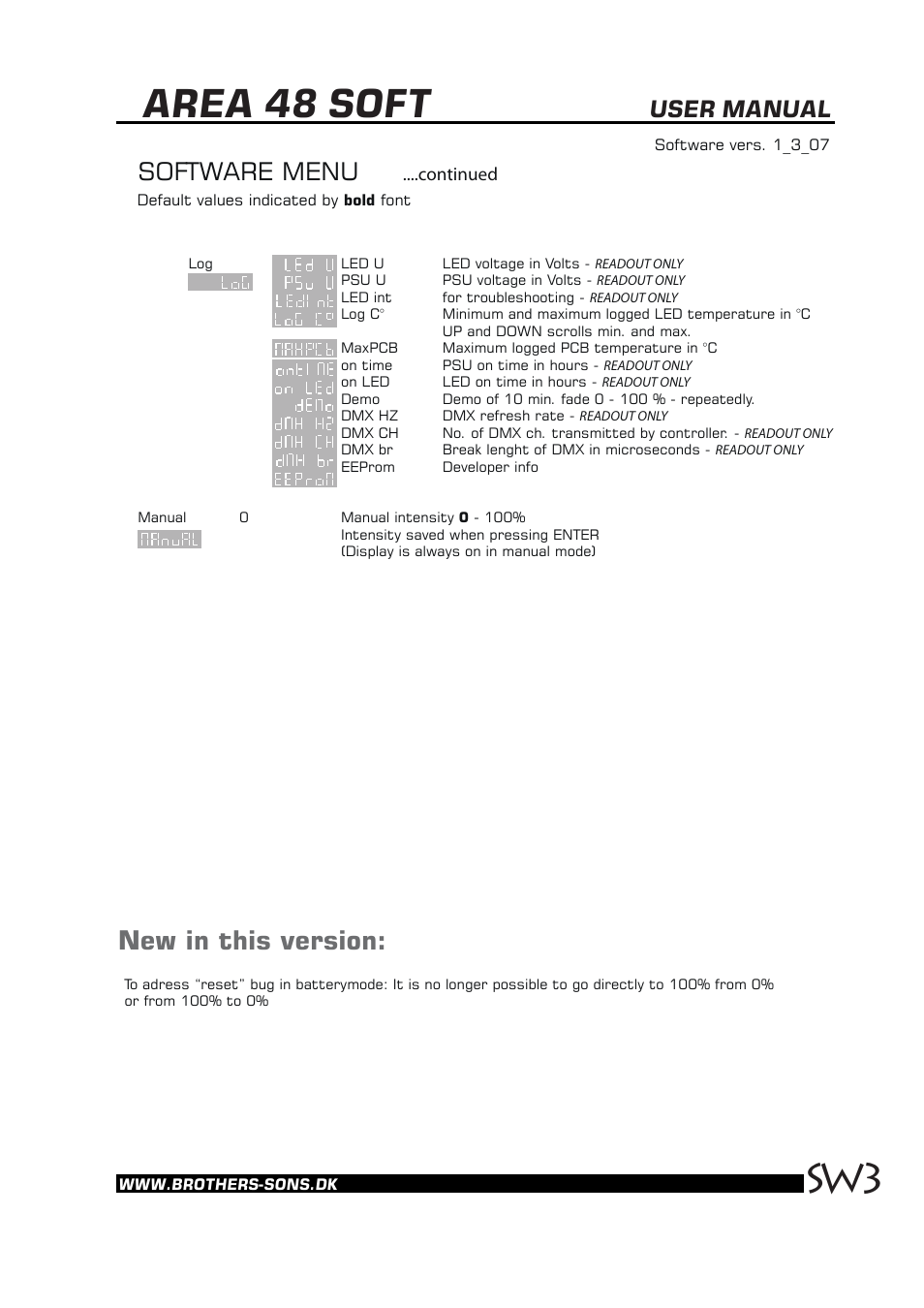 Area 48 soft, New in this version, Software menu | User manual, Continued | BBS Lighting Area 48 LED User Manual | Page 3 / 3