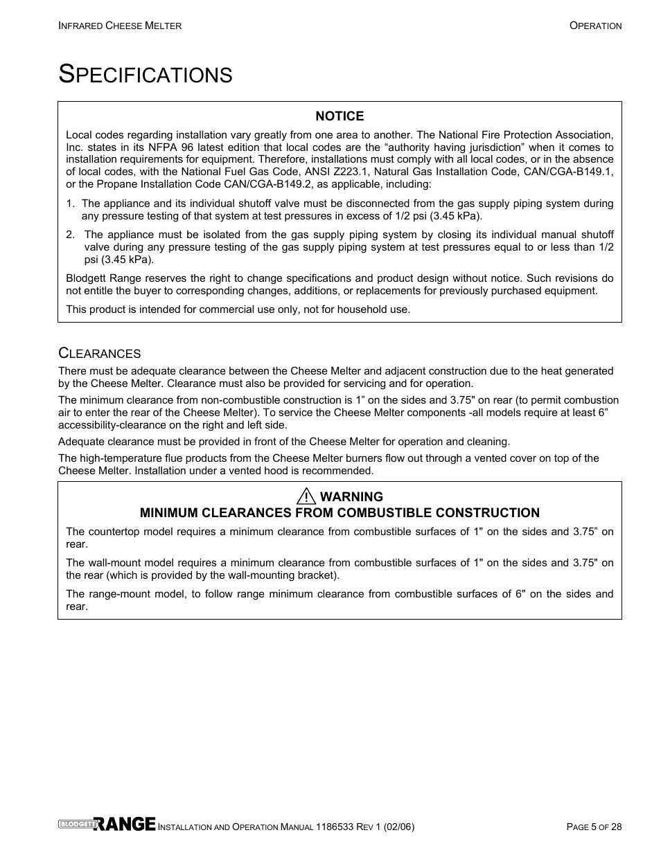 Pecifications | Blodgett B36-CM-PT User Manual | Page 5 / 28