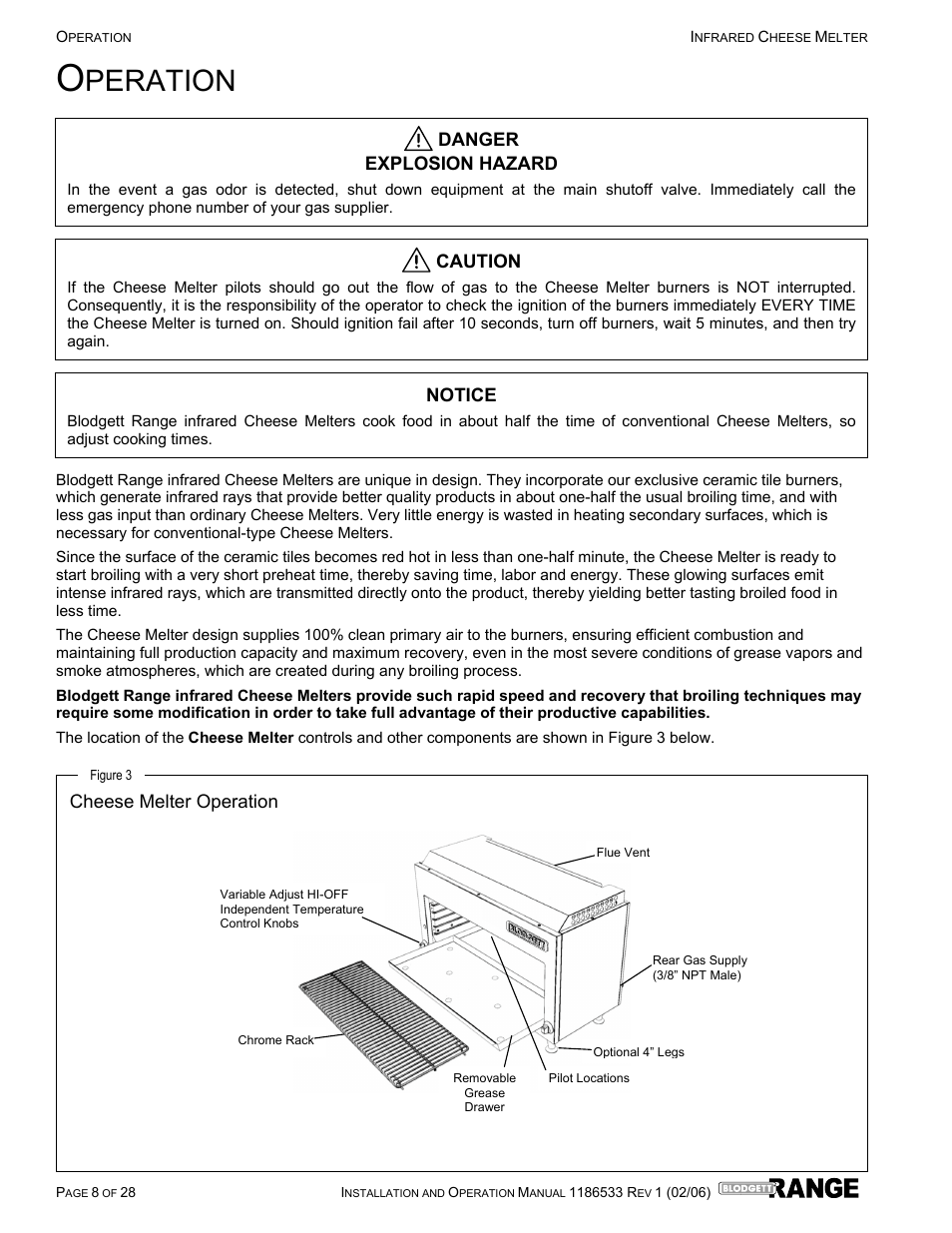 Peration, Danger explosion hazard, Caution | Notice, Cheese melter operation | Blodgett B36-CM-PT User Manual | Page 8 / 28
