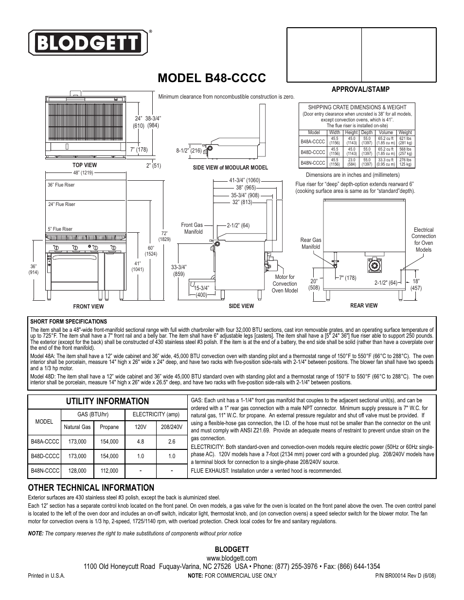 Other technical information, Utility information, Approval/stamp | Blodgett B48D-CCCC User Manual | Page 2 / 2