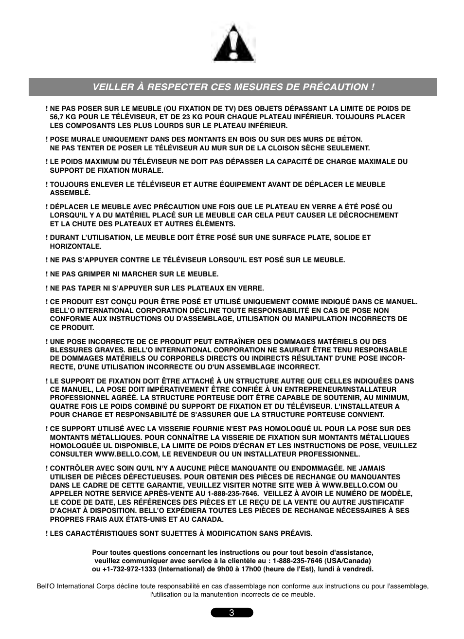 3veiller à respecter ces mesures de précaution | Bell'O TP4501 User Manual | Page 3 / 28