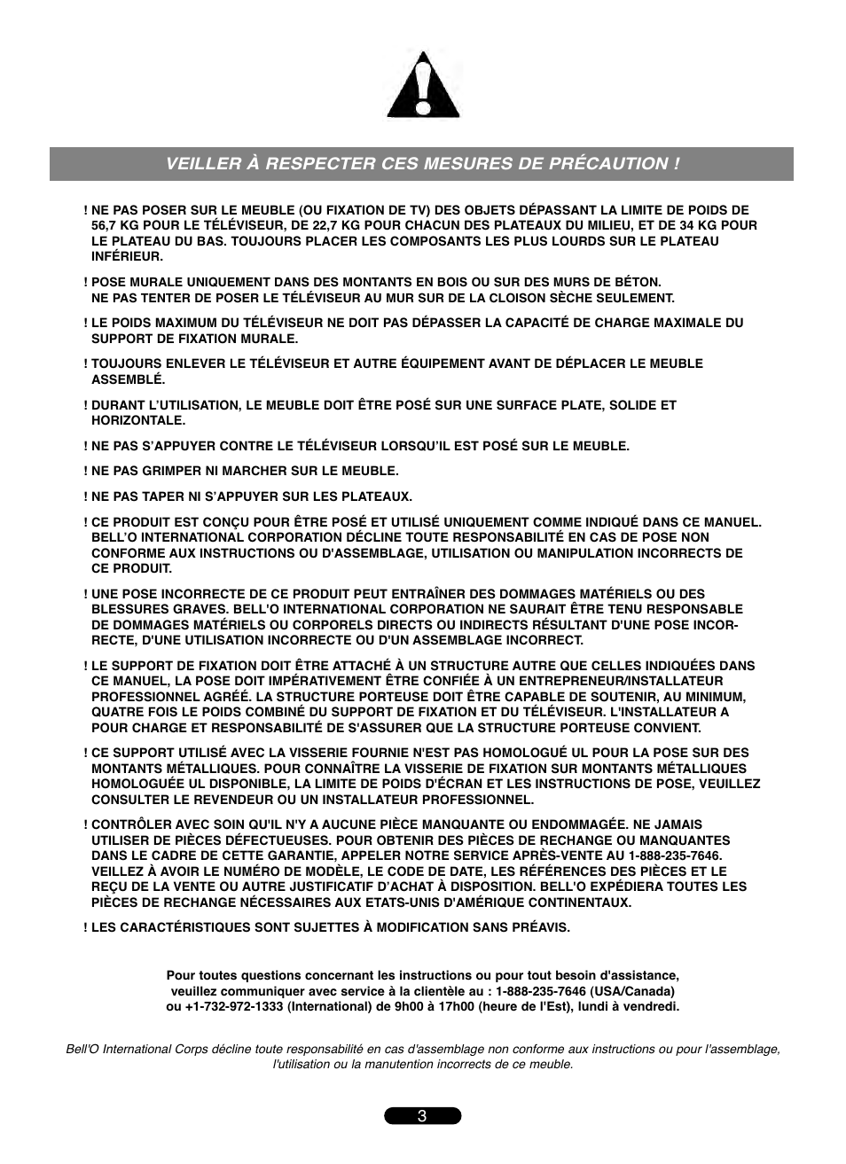 3veiller à respecter ces mesures de précaution | Bell'O TPC2143 User Manual | Page 3 / 24