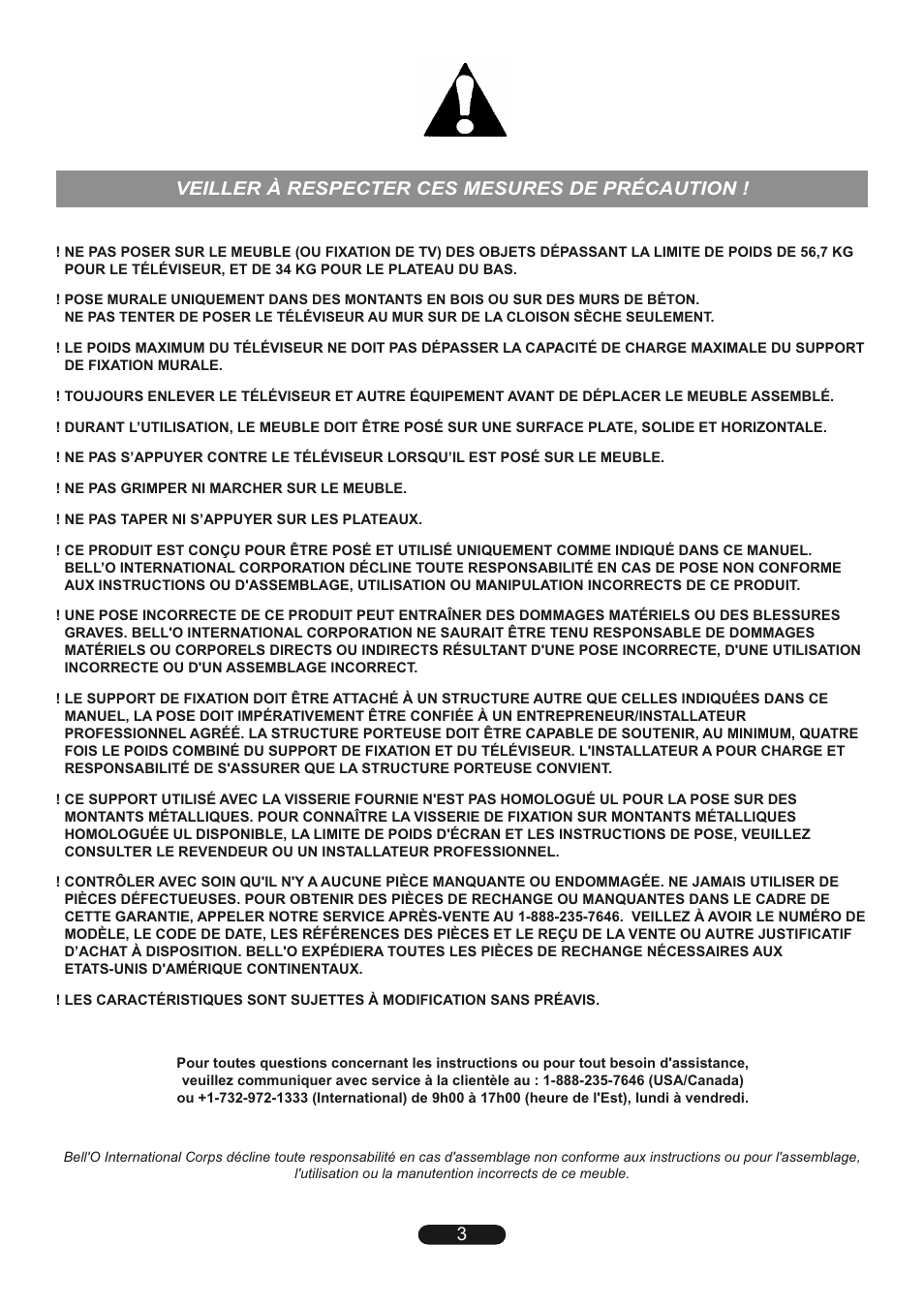 Veiller à respecter ces mesures de précaution | Bell'O TP4444 User Manual | Page 3 / 24