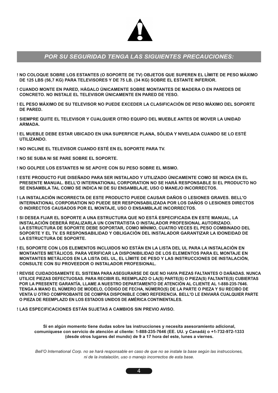 Por su seguridad tenga las siguientes precauciones | Bell'O TP4444 User Manual | Page 4 / 24