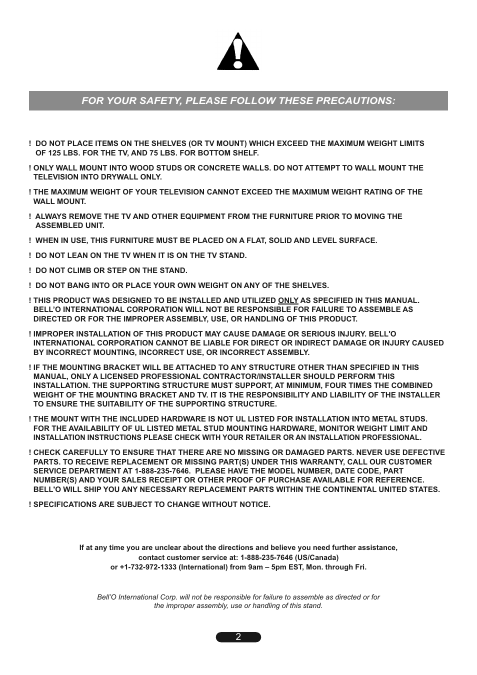 For your safety, please follow these precautions | Bell'O TP4463 User Manual | Page 2 / 24