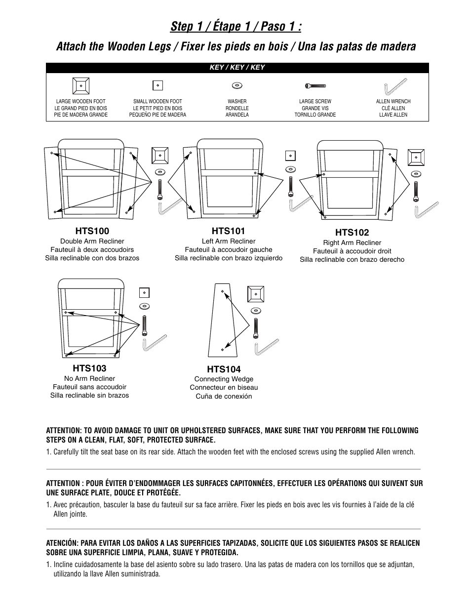 Step 1 / étape 1 / paso 1, Hts100, Hts101 | Hts102, Hts104, Hts103 | Bell'O HTS100-Oct07 User Manual | Page 2 / 7