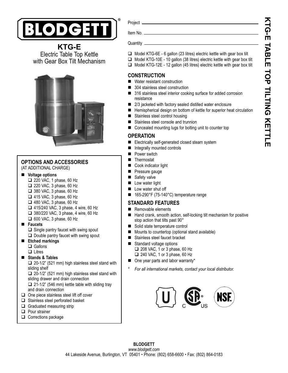 Blodgett KTG-12E User Manual | 2 pages