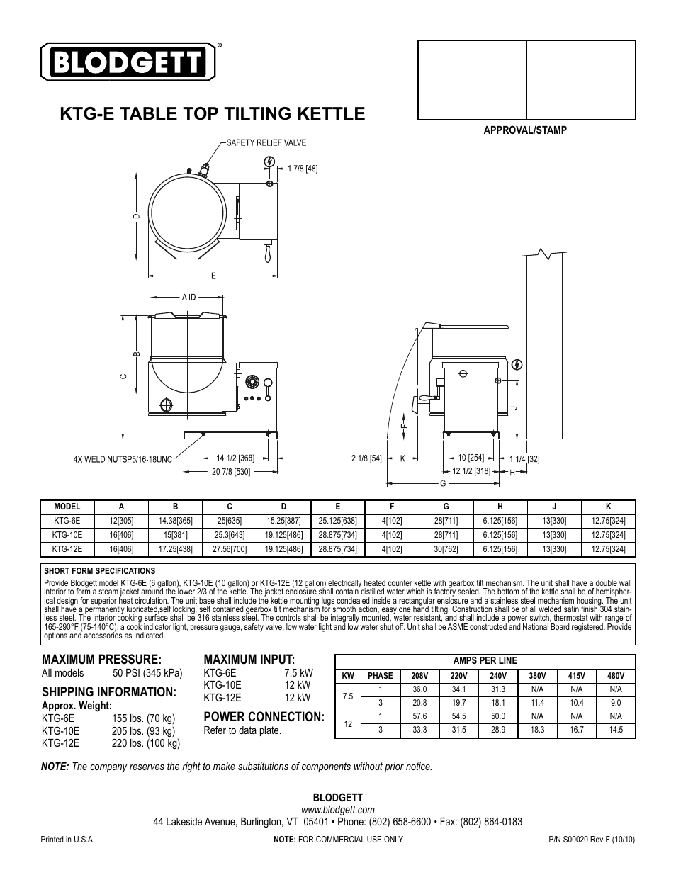 Ktg-e table top tilting kettle, Maximum input, Power connection | Maximum pressure, Shipping information | Blodgett KTG-12E User Manual | Page 2 / 2