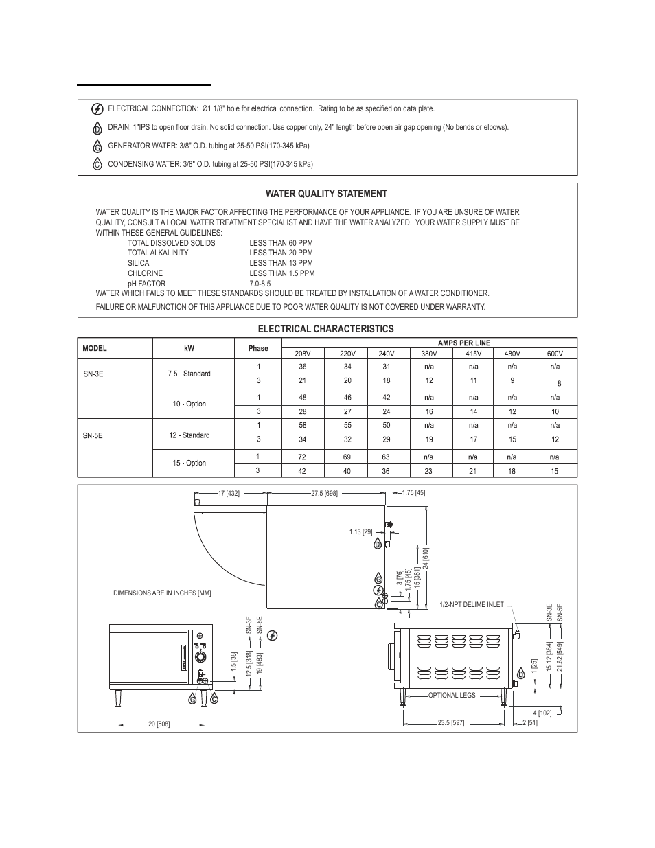 Service connection, Water quality statement, Electrical characteristics | Blodgett SN-5E User Manual | Page 4 / 18