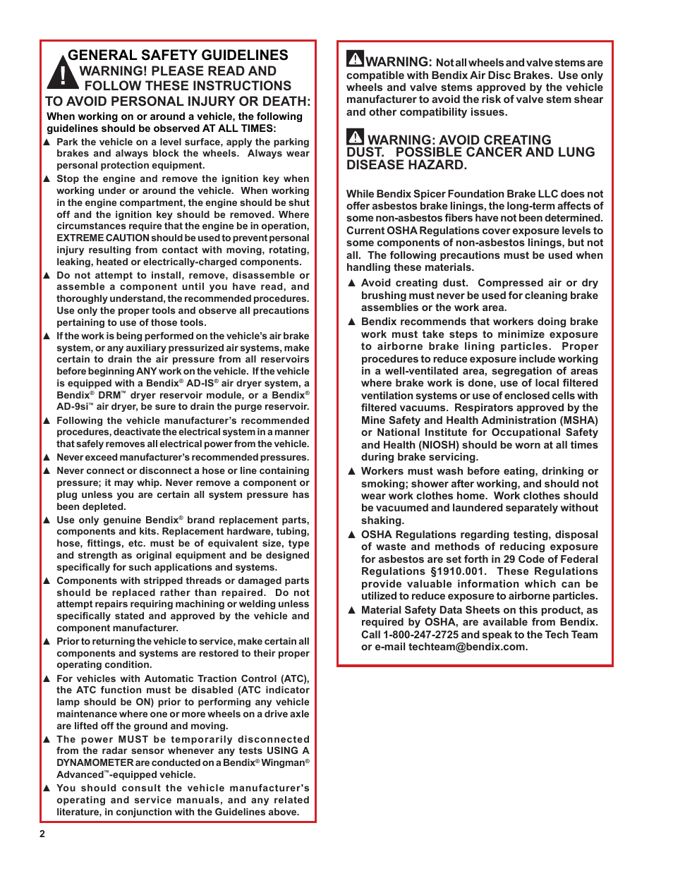 General safety guidelines, Warning | Bendix Commercial Vehicle Systems BRAKE CHAMBERS User Manual | Page 2 / 4