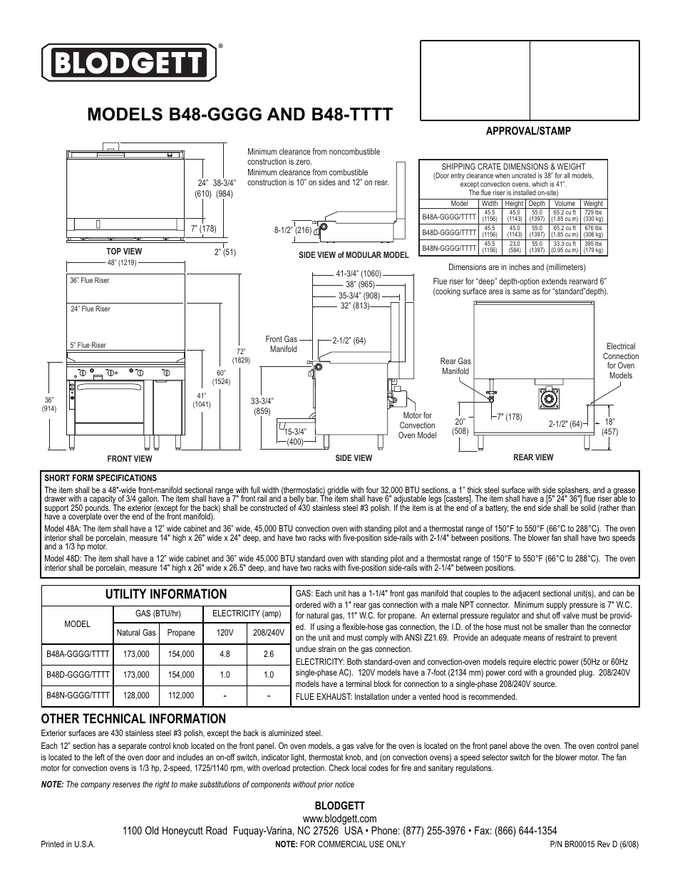 Other technical information, Utility information, Approval/stamp | Blodgett B48-GGGG User Manual | Page 2 / 2