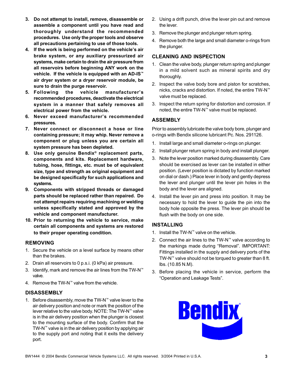 Bendix Commercial Vehicle Systems TW-N TWO WAY CONTROL VALVE User Manual | Page 3 / 3