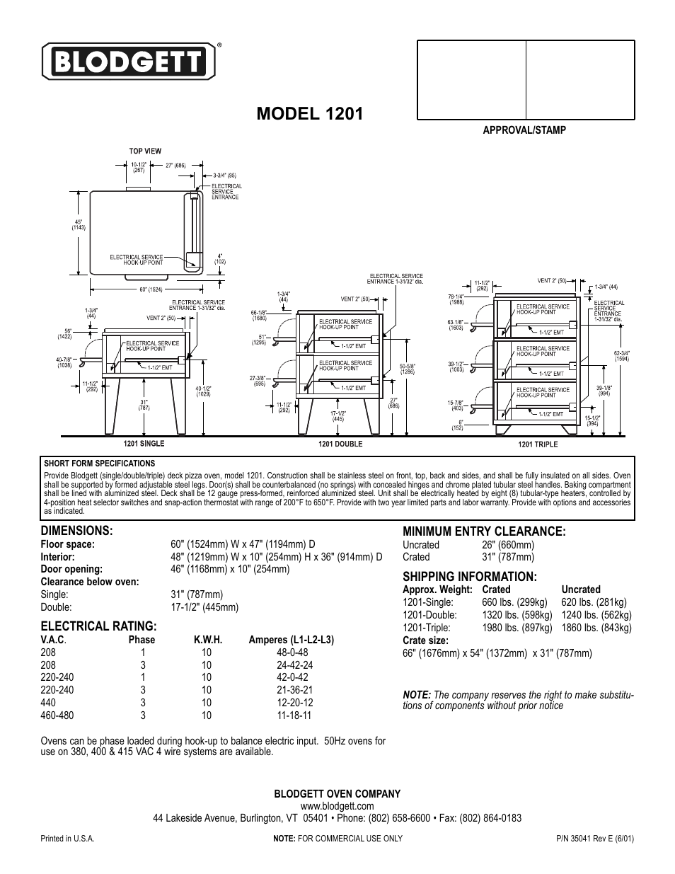 Model 1201 | Blodgett 1201 User Manual | Page 2 / 2
