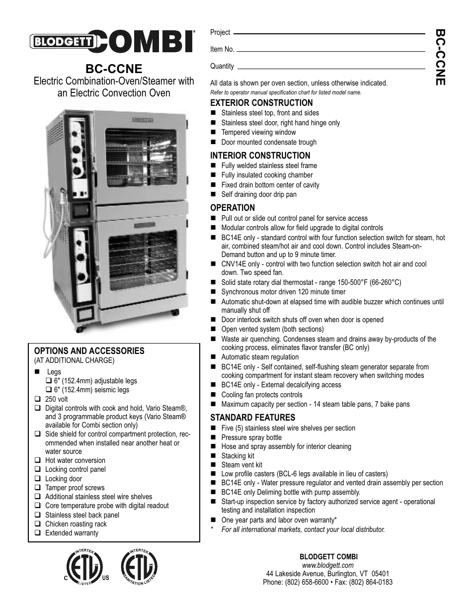 Blodgett BC14E User Manual | 2 pages