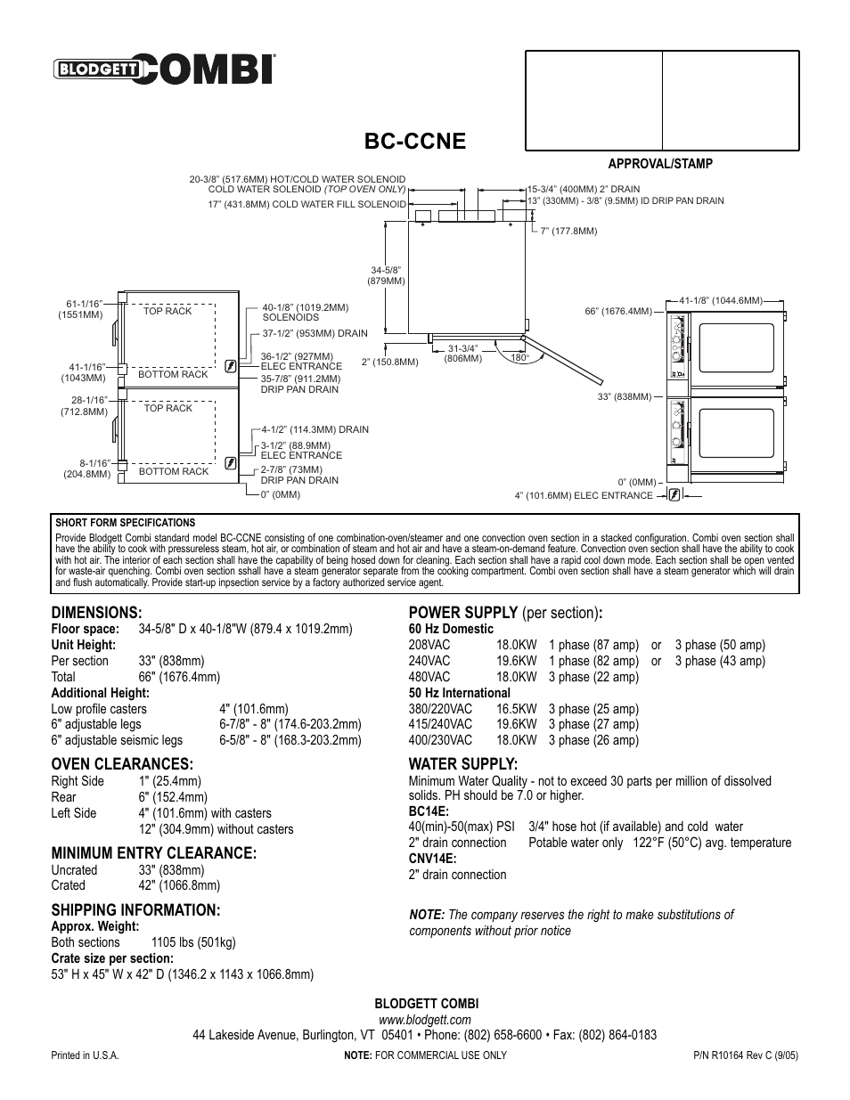 Bc-ccne, Dimensions, Oven clearances | Minimum entry clearance, Shipping information, Water supply | Blodgett BC14E User Manual | Page 2 / 2