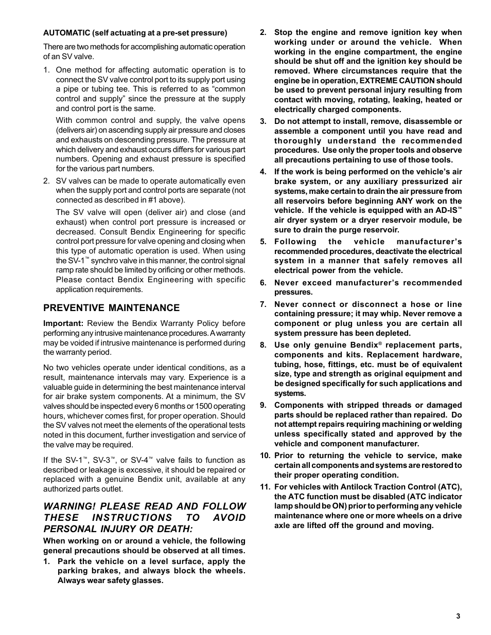 Preventive maintenance | Bendix Commercial Vehicle Systems SV-1 SYNCHRO/SV-3 TRAILER RELEASE User Manual | Page 3 / 6