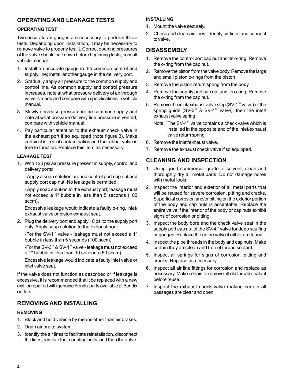 Operating and leakage tests, Removing and installing, Disassembly | Cleaning and inspection | Bendix Commercial Vehicle Systems SV-1 SYNCHRO/SV-3 TRAILER RELEASE User Manual | Page 4 / 6