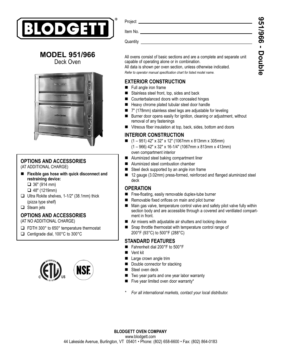 Blodgett 966 User Manual | 2 pages