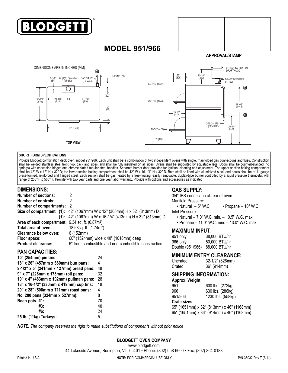 Dimensions, Pan capacities, Gas supply | Maximum input, Minimum entry clearance, Shipping information | Blodgett 966 User Manual | Page 2 / 2