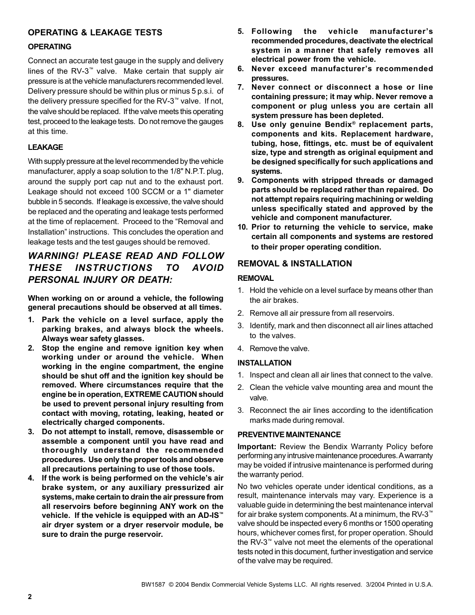 Bendix Commercial Vehicle Systems RV-3 PRESSURE REDUCING VALVE 3/04 User Manual | Page 2 / 2