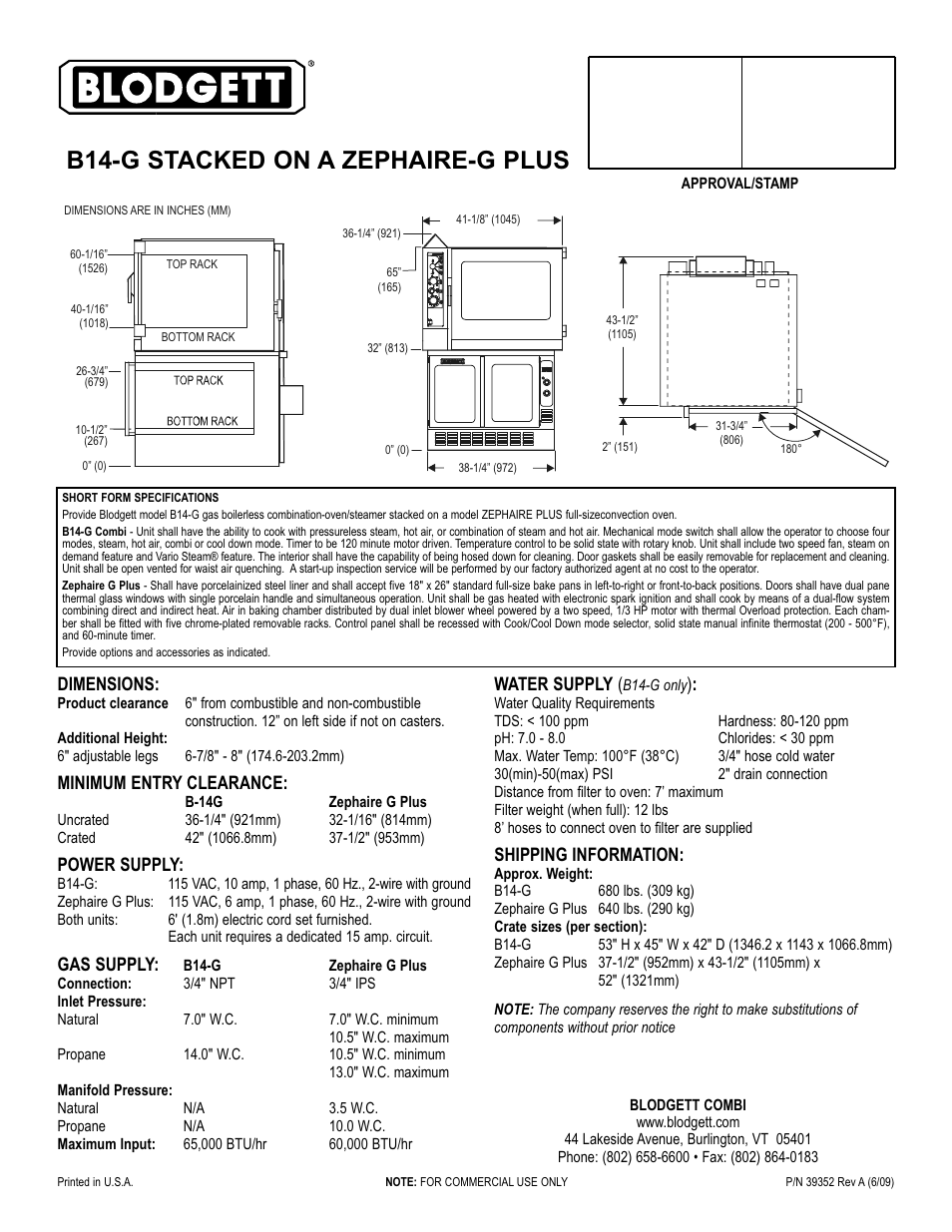 B14-g stacked on a zephaire-g plus, Water supply, Shipping information | Dimensions, Minimum entry clearance, Power supply, Gas supply | Blodgett B14-G User Manual | Page 3 / 3