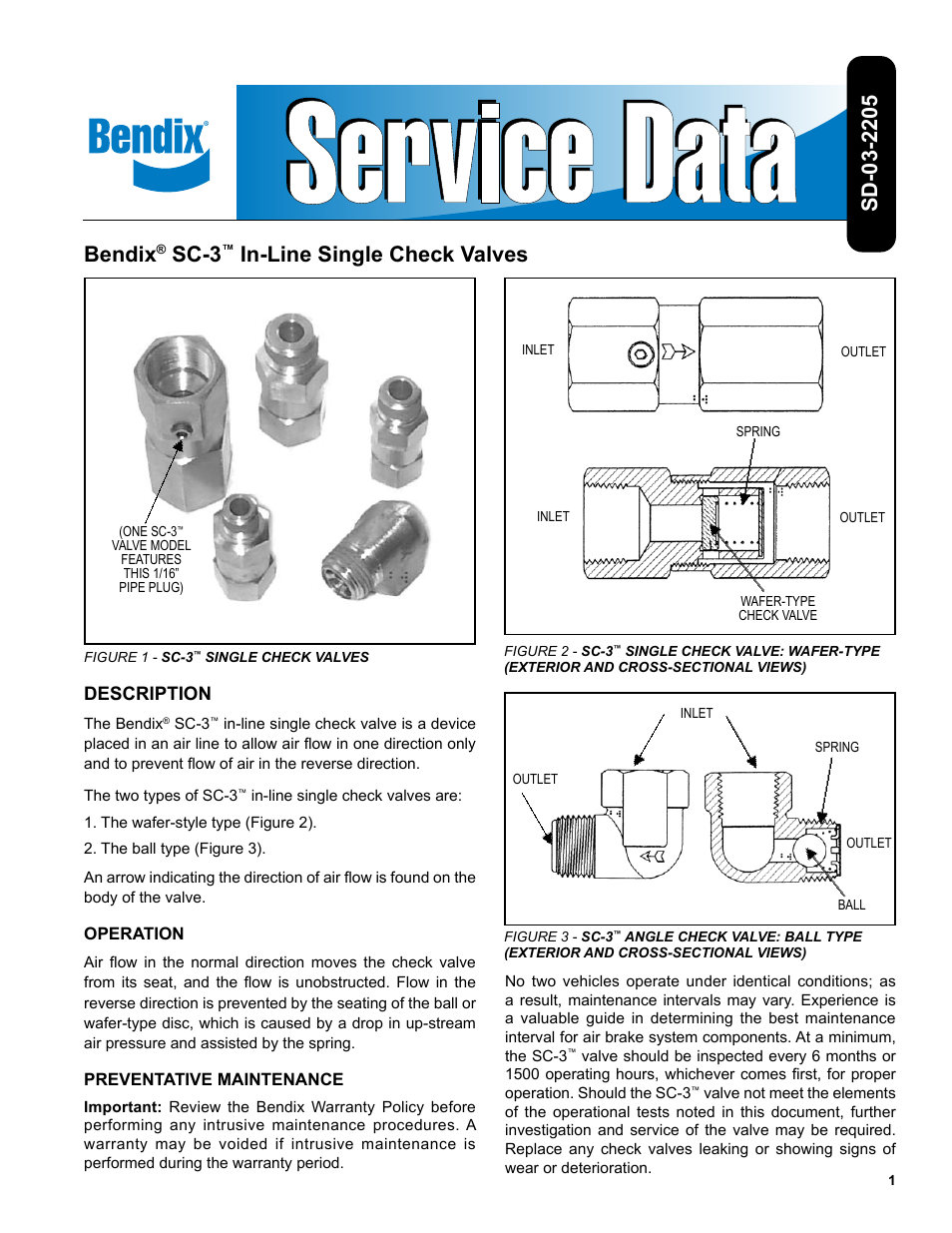 Bendix Commercial Vehicle Systems SC-3 INLINE SINGLE CHECK VALVES3/07 User Manual | 2 pages