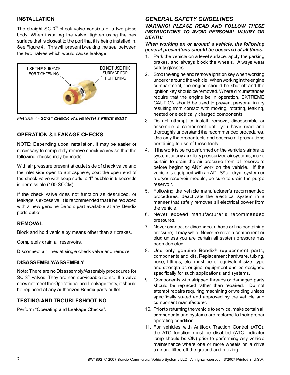 Bendix Commercial Vehicle Systems SC-3 INLINE SINGLE CHECK VALVES3/07 User Manual | Page 2 / 2