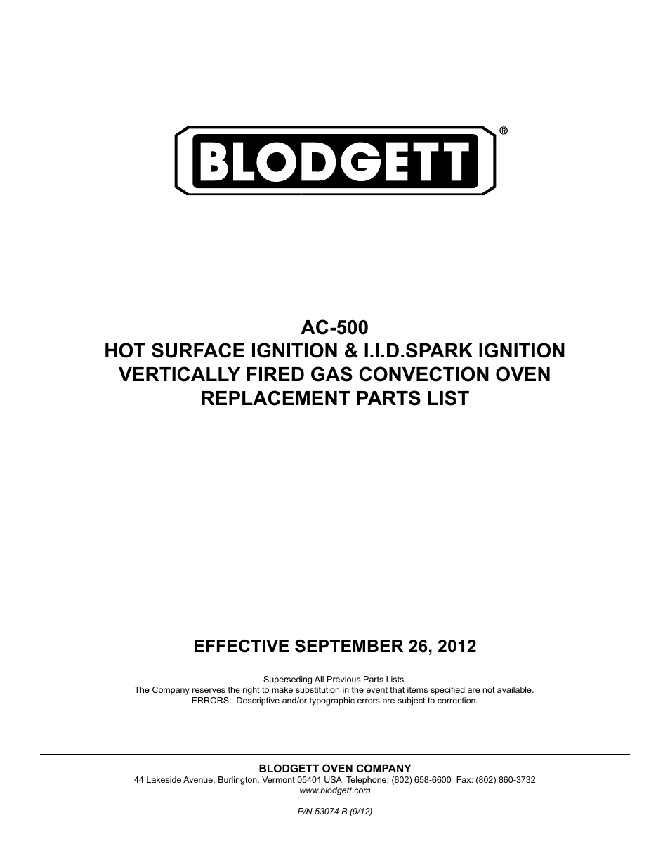 Blodgett AC-500 User Manual | 15 pages