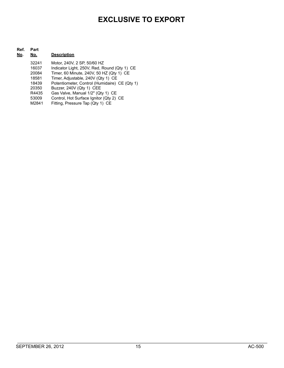 Exclusive to export | Blodgett AC-500 User Manual | Page 15 / 15