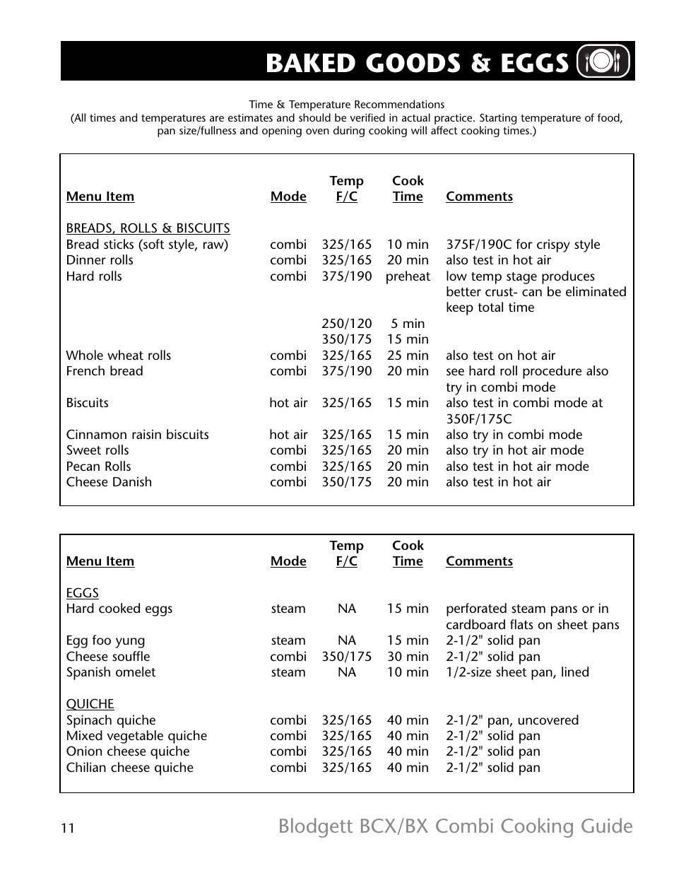 Baked goods & eggs, Blodgett bcx/bx combi cooking guide | Blodgett BX-14 User Manual | Page 12 / 17