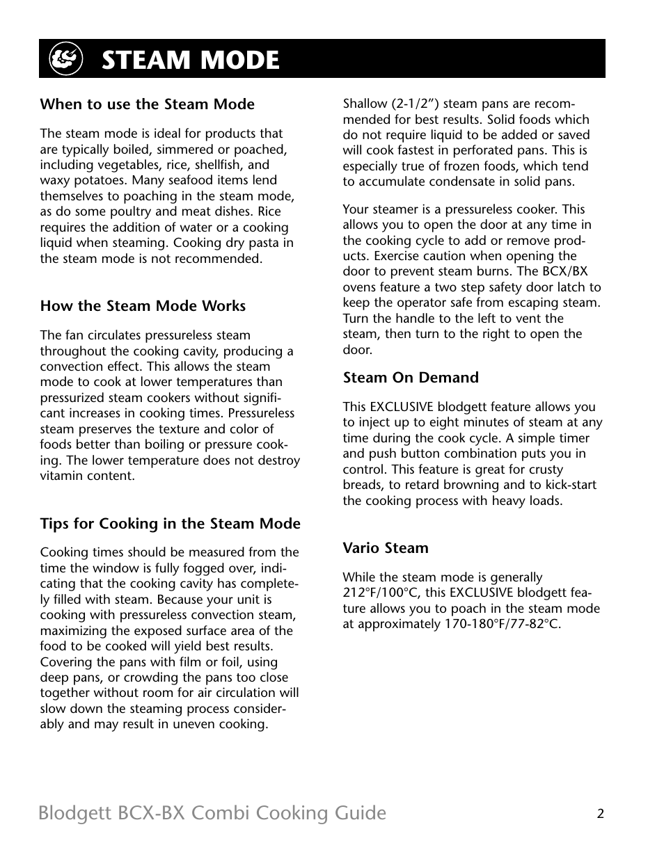 Steam mode, Blodgett bcx-bx combi cooking guide | Blodgett BX-14 User Manual | Page 3 / 17