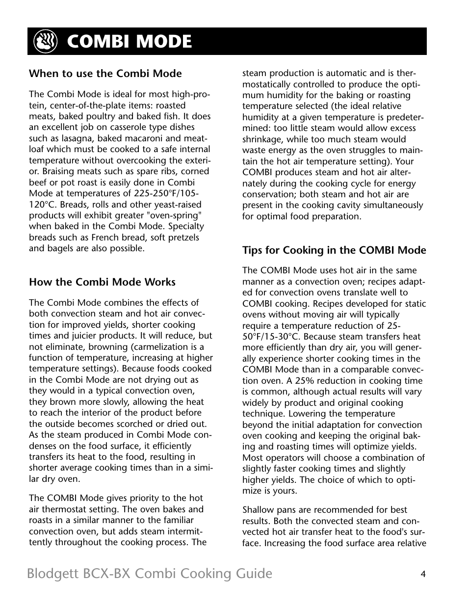 Combi mode, Blodgett bcx-bx combi cooking guide | Blodgett BX-14 User Manual | Page 5 / 17