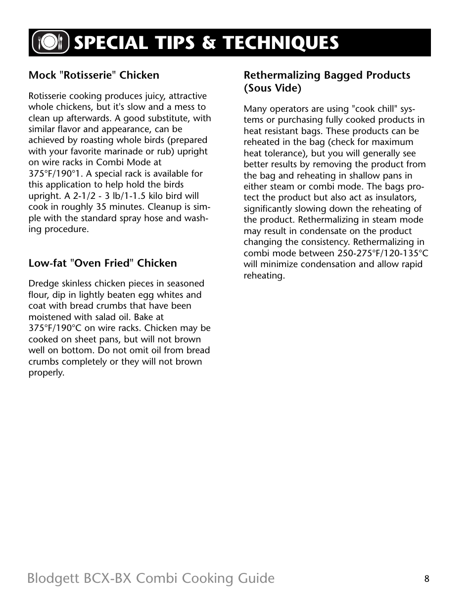 Special tips & techniques, Blodgett bcx-bx combi cooking guide | Blodgett BX-14 User Manual | Page 9 / 17