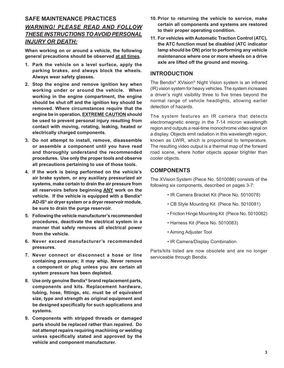 Bendix Commercial Vehicle Systems XVISION NIGHT VISION SYSTEM 8/11 User Manual | Page 3 / 28